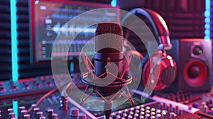 The podcast recording studio. AI generated