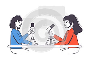 Podcast Recording with Young Woman with Microphone Broadcasting and Live Streaming Outline Vector Illustration
