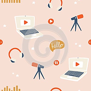 Podcast seamless pattern. Vector background for blogging, vlogging and live streaming. photo
