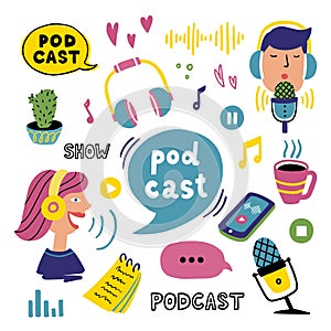 Podcast show. Vector flat sat cartoon illustration with boy, girl and different podcast elements.