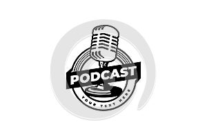 Podcast or singer vocal karaoke logo with retro microphone and vinyl icon