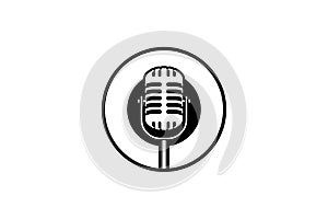 Podcast or singer vocal karaoke logo with retro microphone and vinyl icon