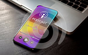 Podcast Streaming Mobile application concept. Listening to Podcasting Radio Services on smartphone. Podcast microphone and play photo