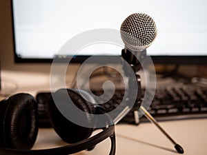 Podcast studio: microphone and computere