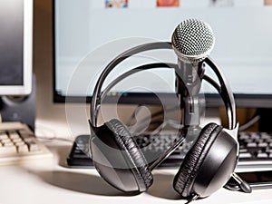 Podcast studio: Microphone with headphones and computers