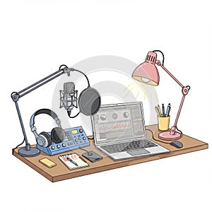 Podcast Studio Setup with Microphone and Headphones