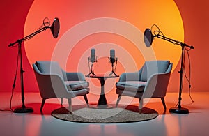 Podcast studio setup with two chairs microphones and small table. Recording equipment with studio lighting. Two microphones ready