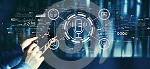 Podcast theme with person using smartphone