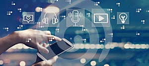 Podcast theme with person using smartphone