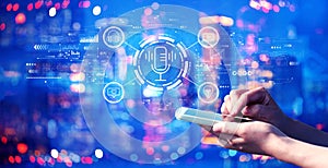 Podcast theme with person using a smartphone at night