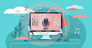 Podcast vector illustration. Flat tiny e-radio talk show persons concept.