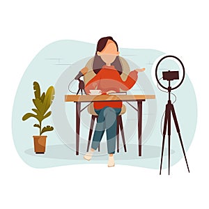 Podcast, vlogger or blogger create internet content. Vector flat illustration. Character creating video for blog or vlog