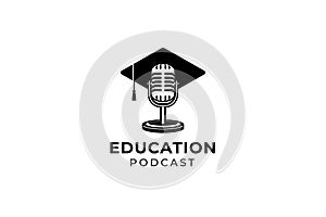 Podcast or vocal course education logo. Retro microphone wearing toga hat illustration