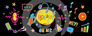 Podcast web banner with vibrant neon elemets of podcast stage on black background