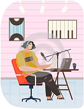 Podcaster talking to microphone recording podcast. Person works at radio station, broadcasts live