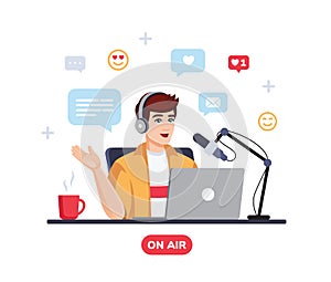 Podcaster talking to microphone recording podcast in studio. Vector flat style illustration. Podcast concept