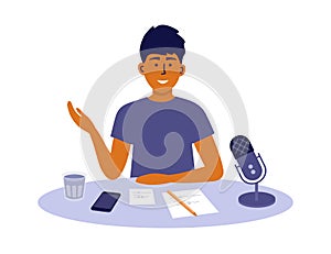 Podcasting concept with illustration of man recording podcast show