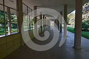 Podebrady, Czech Republic - June 12, 2023 - The Libenský Colonnade is a covered colonnade in Pod?brady built in 1936