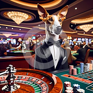 A podenco dog in the casino