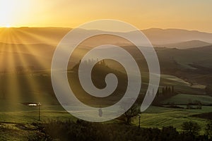 Podere Belvedere villa at sunrise,San Quirico d`Orcia, Italy