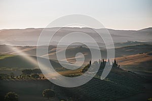 Podere Belvedere Villa in Val d`Orcia Region in Tuscany, Italy  in the Early Morning