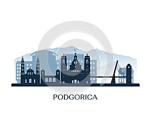 Podgorica, Montenegro skyline, monochrome silhouette.