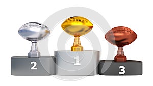 Podium with American Football Trophies Front View