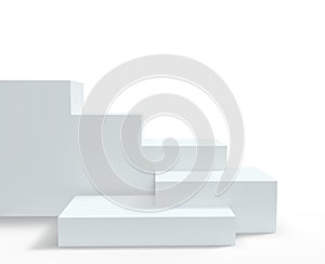 Podium background, platform pedestal and product display, white 3d. Stage podium or studio display stand stairs of empty block