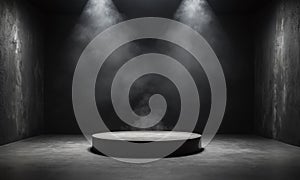 Podium black dark smoke background product platform abstract stage texture fog spotlight