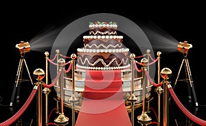 Podium with Chocolate Birthday Cake. 3D rendering