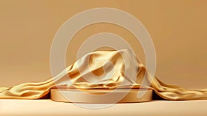 The podium is covered in golden satin drapery. The gift is hidden under a gold silk waved cloth blanket. There are