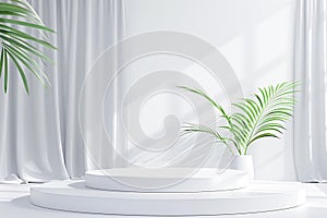 Podium 3d, Product display white podium 3d with palm leaf and tropical green botany plant in pot, generated ai