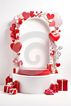 Podium for demonstration and installation of product with Valentine\'s day decor, with red hearts, roses, gift boxes on white