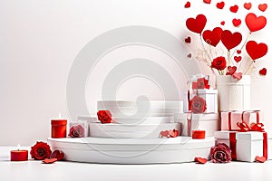 Podium for demonstration and installation of product with Valentine\'s day decor, with red hearts, roses, gift boxes on white