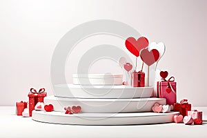 Podium for demonstration and installation of product with Valentine\'s day decor, with red hearts, roses, gift boxes on white