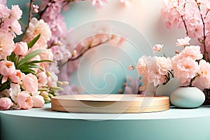 Podium for demonstration and montage of product with delicate floral spring decor. Spring time background, blooming, birthday,