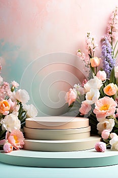 Podium for demonstration and montage of product with delicate floral spring decor. Spring time background, blooming, birthday,