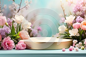 Podium for demonstration and montage of product with delicate floral spring decor. Spring time background, blooming, birthday,