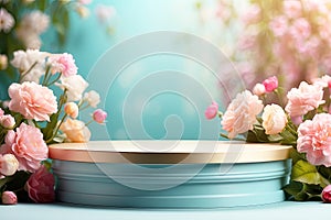 Podium for demonstration and montage of product with delicate floral spring decor. Spring time background, blooming, birthday,