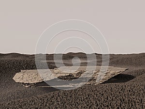 Podium on Dry land - 3d render. Rough blank pedestal in sand desert - illustration.