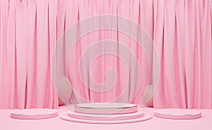 Podium empty with geometric shapes and curtain in pink pastel composition for modern stage display and minimalist mockup ,abstract