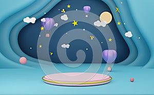 Podium empty with Hot air balloon in night sky composition valentine`s day concept ,abstract showcase background ,3d illustration