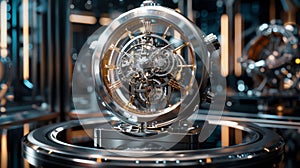 On the podium a gleaming chrome time machine is adorned with intricate gears and dials a nod to the intricate science