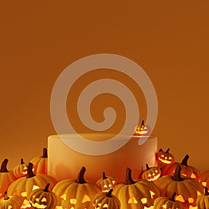 Podium with Halloween pumpkin evils on orange background. 3d render