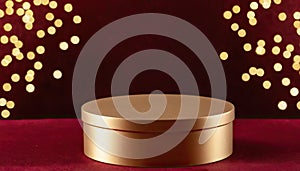 Podium, Lights, Display: Golden podium center, illuminated background, for product display. soft focus golden lights