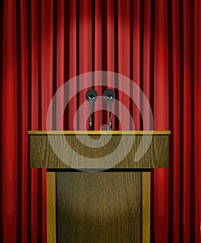 Podium and microphones over red curtains