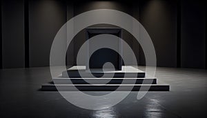 A podium mockup with box statue in the dark room with main spotlight upon it and lighting in the background wall.