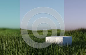 Podium on natural grass or weed field 3D render illustration