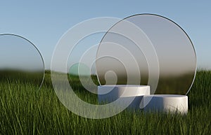 Podium on natural grass or weed field 3D render illustration