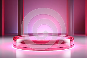 Podium. Neon pink. Abstract background, Futuristic pedestal for product presentation, Display modern. 3D illustration. Generative